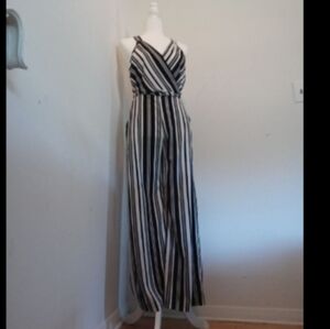 Miss V Striped Faux Wrap V Neck Sleeveless Jumpsuit